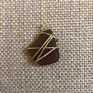 Authentic Brown Sea Glass Gold Wire Wrapped Charm